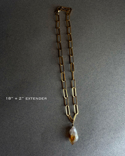 18 inch gold paperclip chain necklace with raw citrine pendant, modern handmade gemstone necklace
