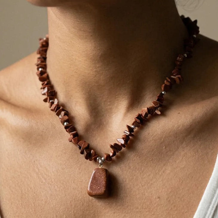 SAÉA Gold Stone Pendant Necklace — 20" Copper Sparkle