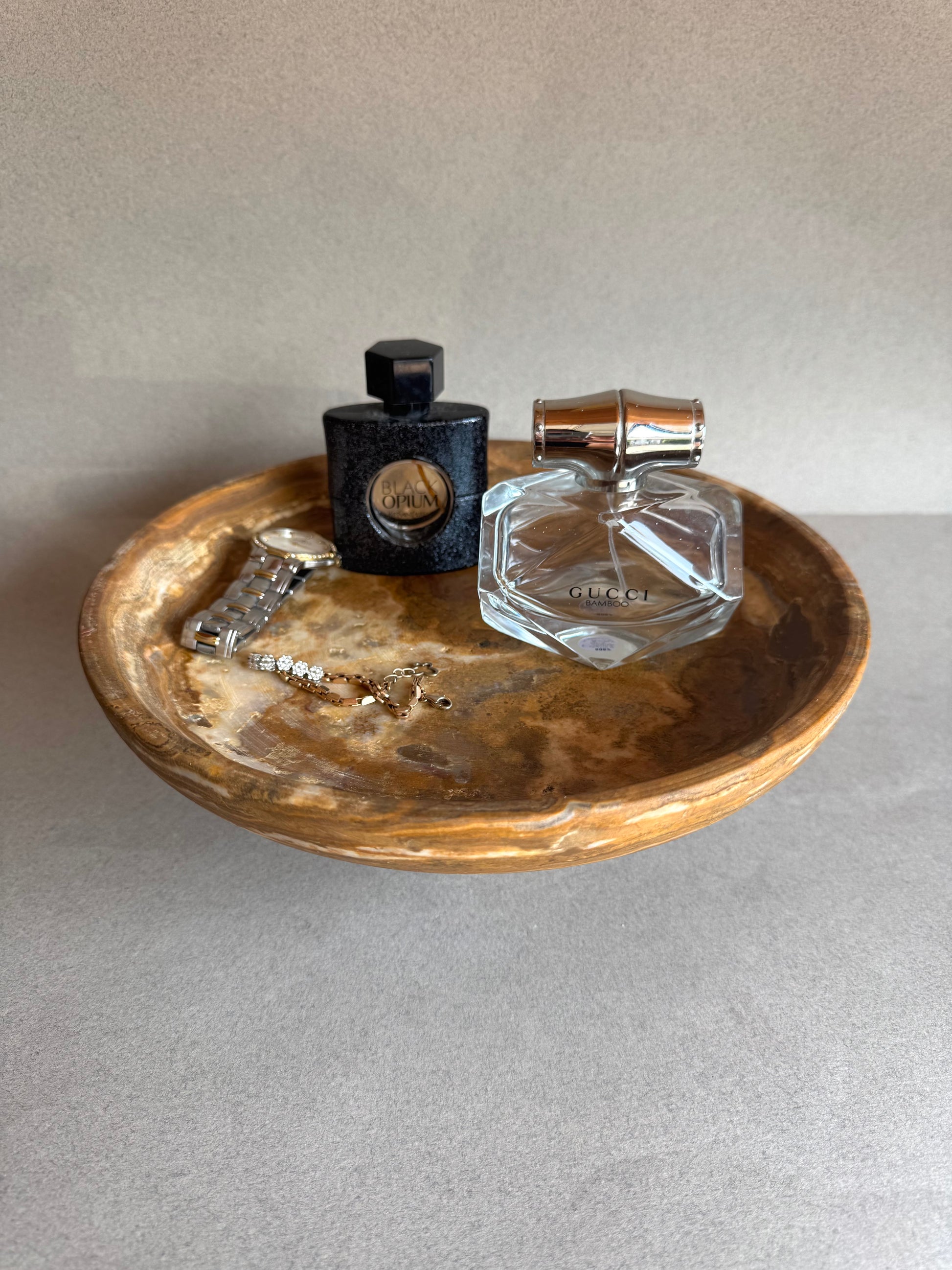 Sustainable onyx bowl styled with neutral interior decor

