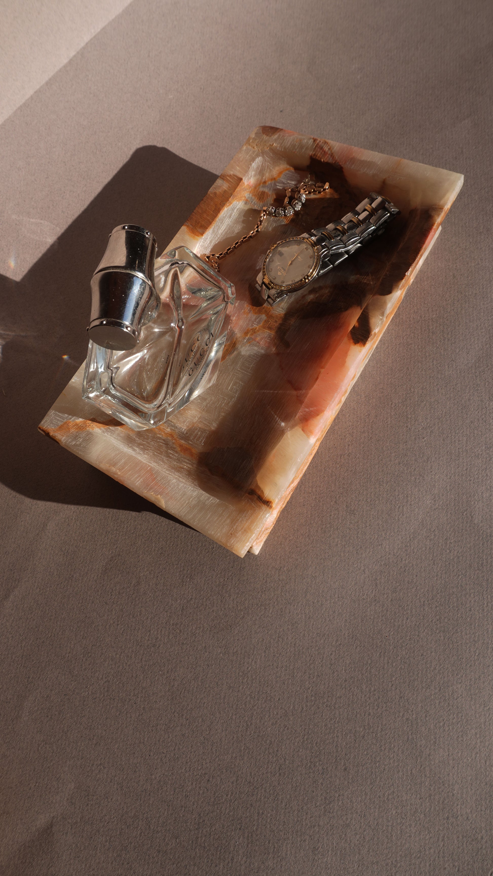 Pink onyx jewelry and perfume vanity tray