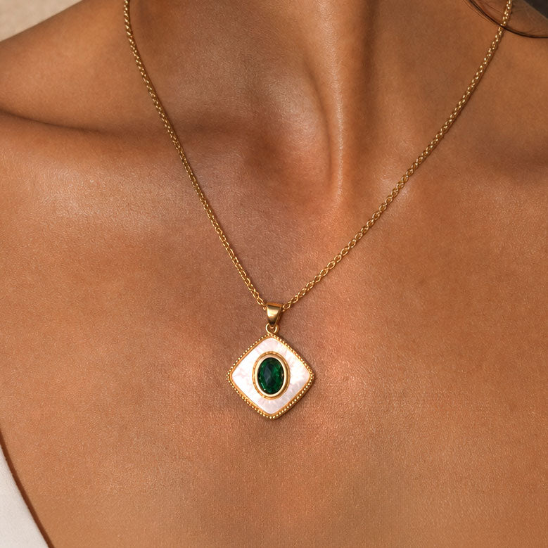 SAÉA Emerald & Mother-of-Pearl Pendant Necklace - 18-2"