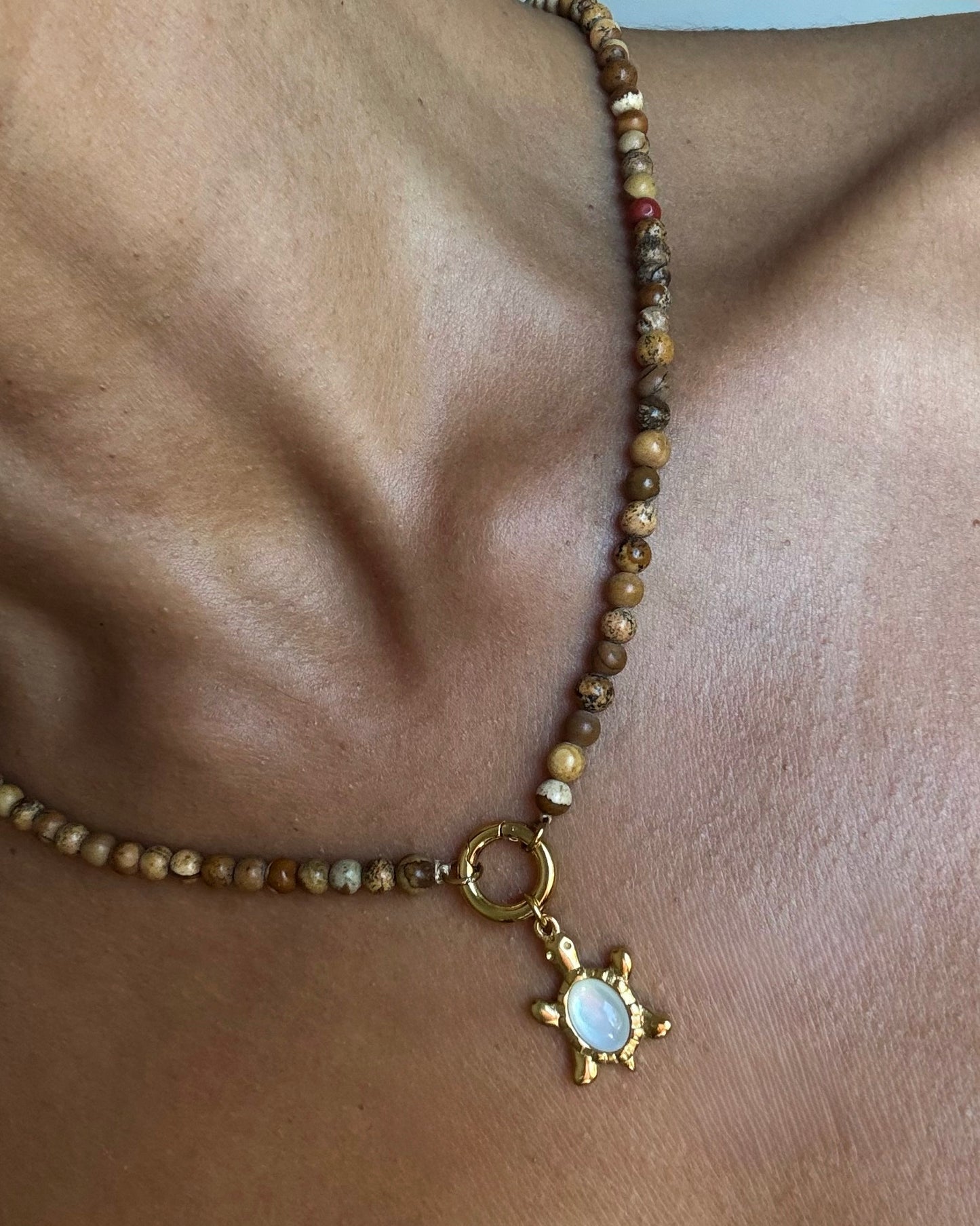 Mother of Pearl Turtle Pendant Necklace in a Turquoise or Picture Jasper Beaded Chain