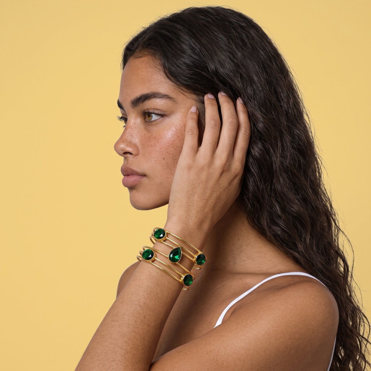 Emerald green & gold | SAÉA Green Quartz Five-Stone Cuff Bracelet