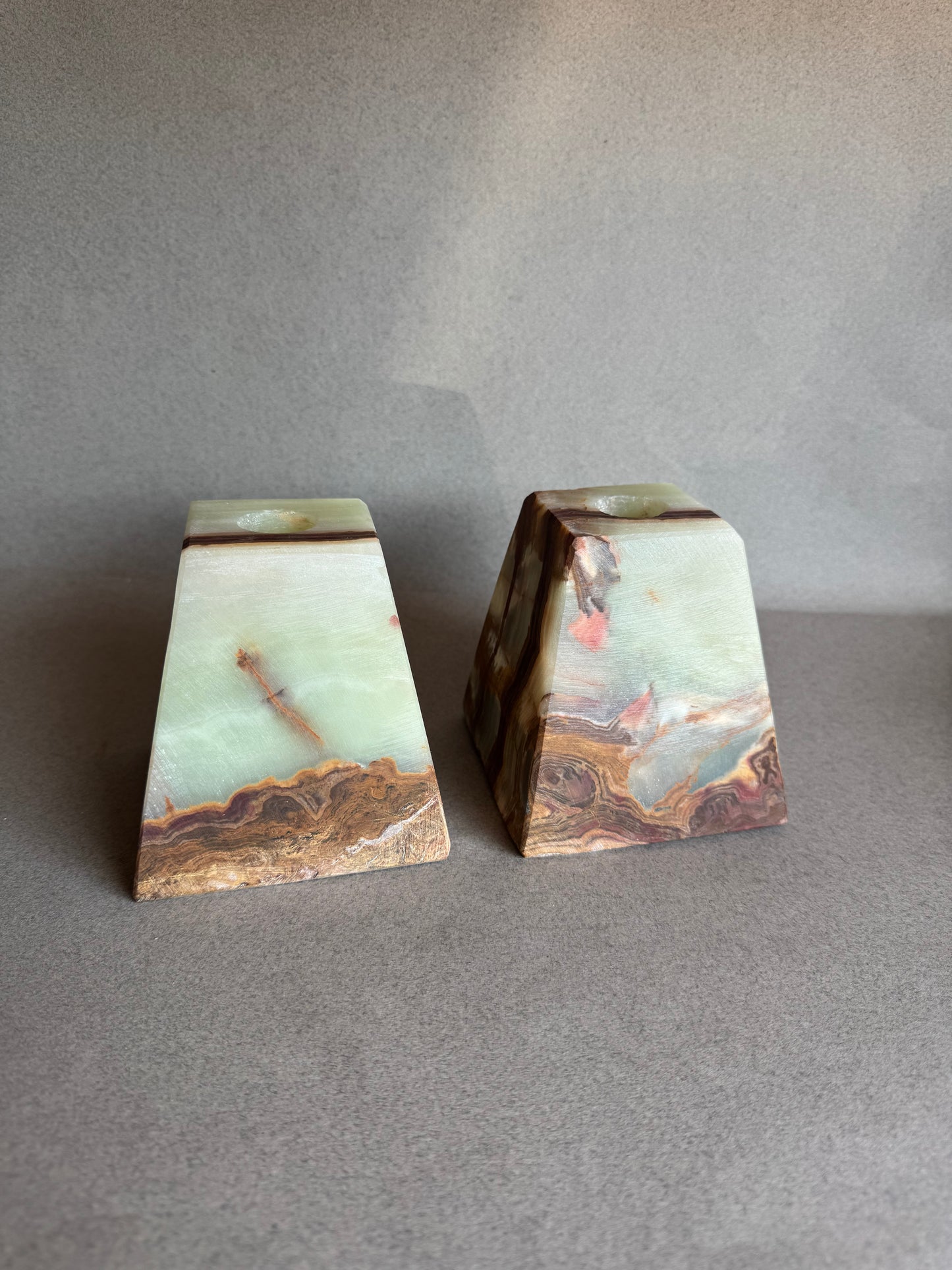 artisan taper holders in sage and rust onyx

