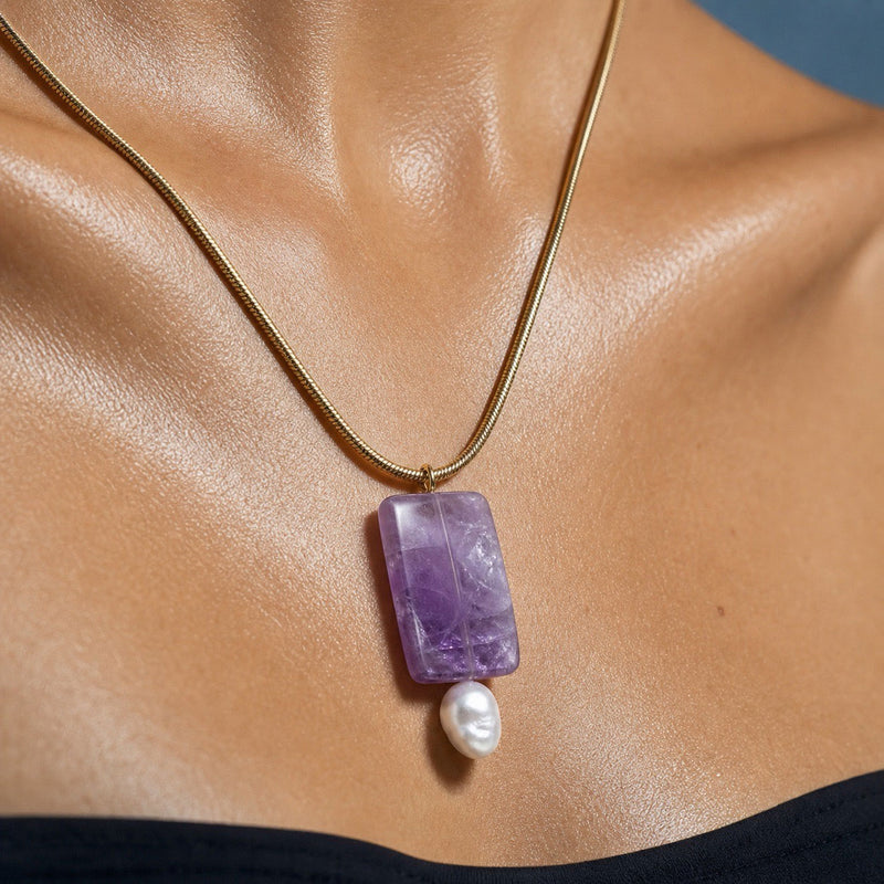 SAÉA Amethyst & Baroque Pearl Pendant on Gold Chain