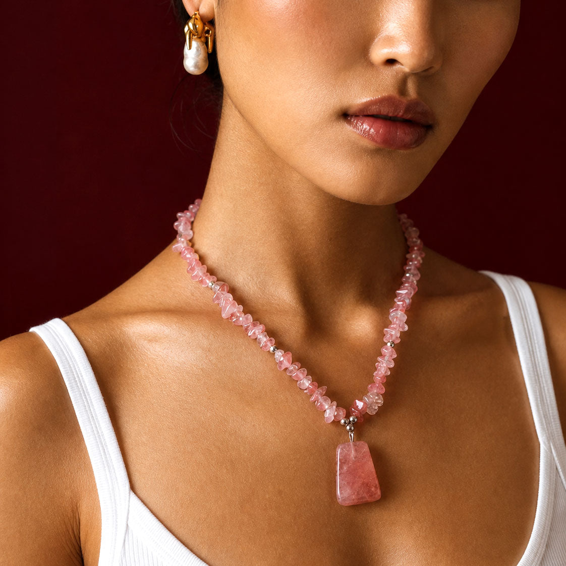SAÉA Cherry Quartz Pendant Necklace — 20" Pink Stone