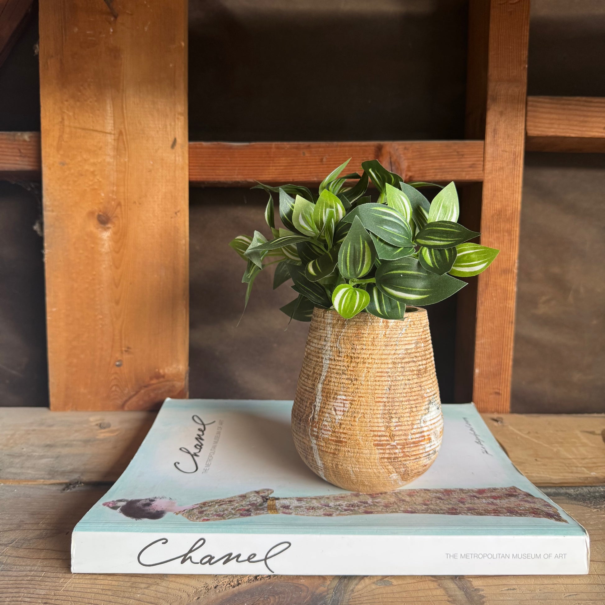 Natural onyx vessel used as a mini planter with vibrant green foliage, placed on a Chanel book in a wooden nook.