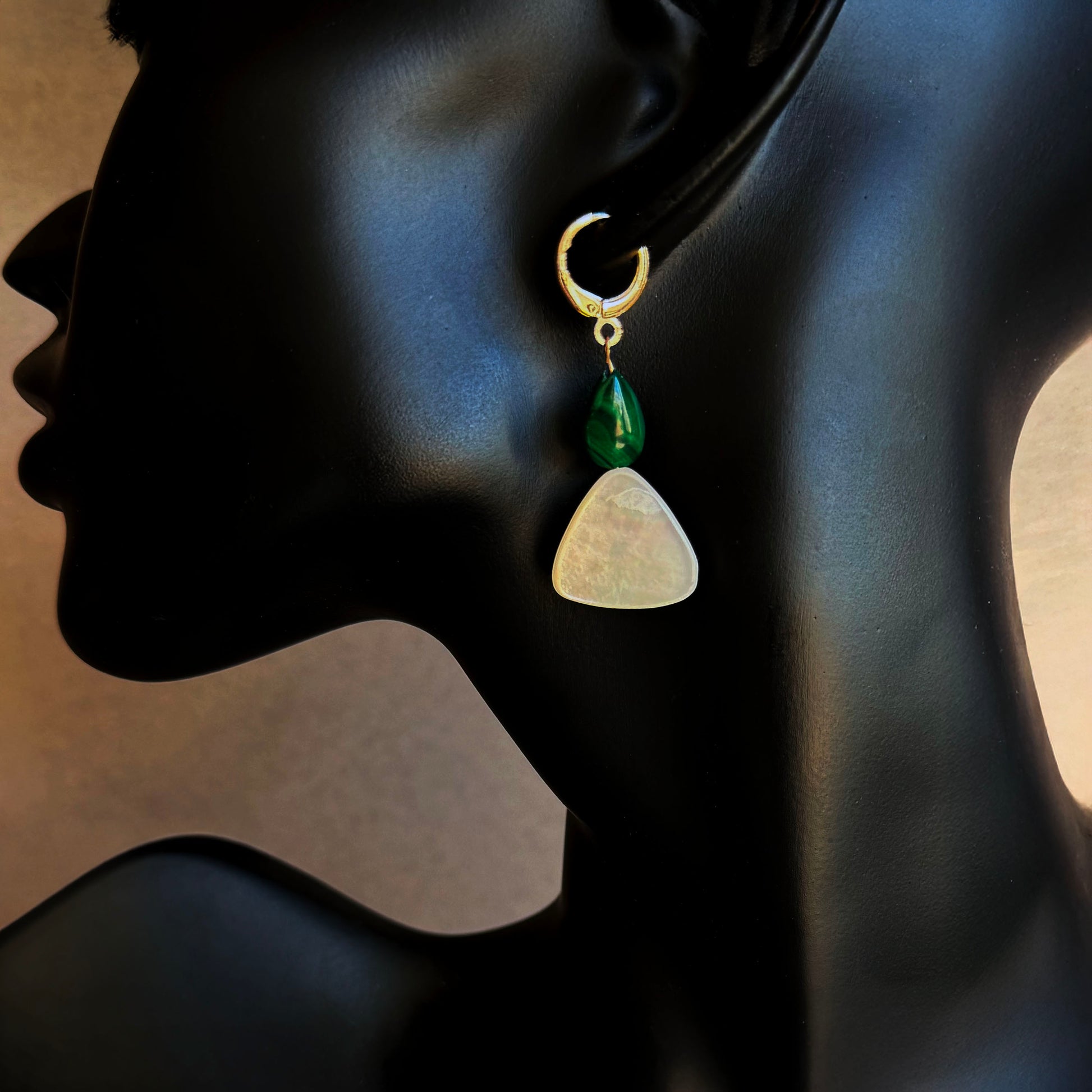 MALACHITE MOTHER OF PEARL GOLD HOOP HUGGIE earrings 