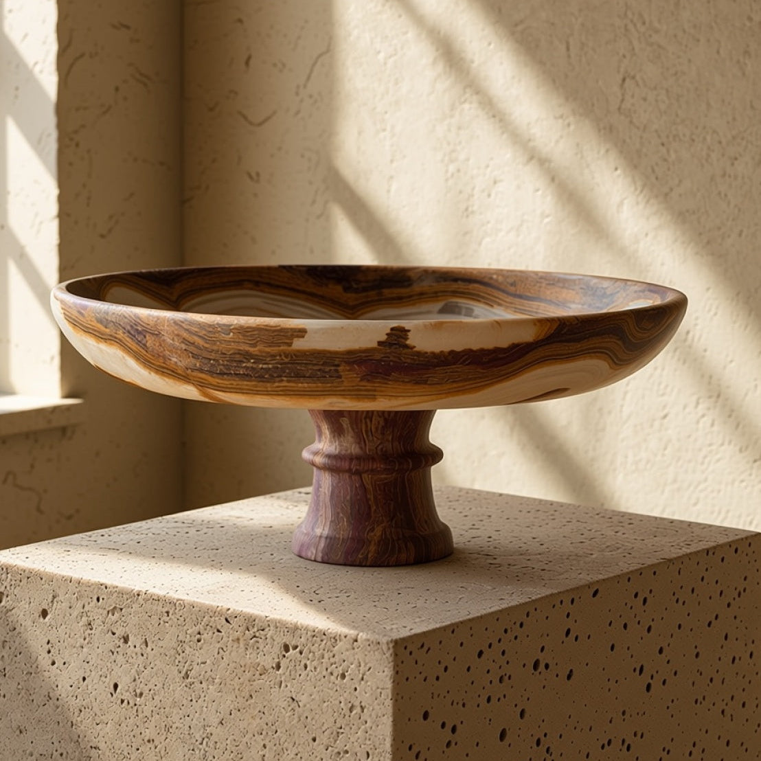 A handcrafted onyx pedestal bowl with swirling brown and cream grain patterns, displayed on a speckled stone pedestal in warm sunlight against a textured beige wall.