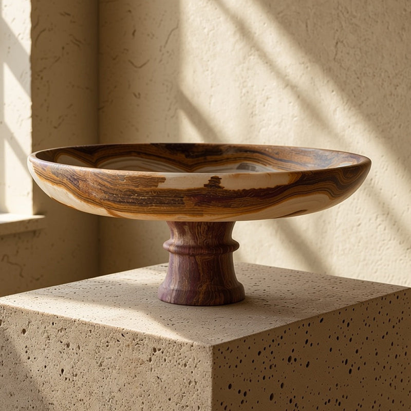 A handcrafted onyx pedestal bowl with swirling brown and cream grain patterns, displayed on a speckled stone pedestal in warm sunlight against a textured beige wall.