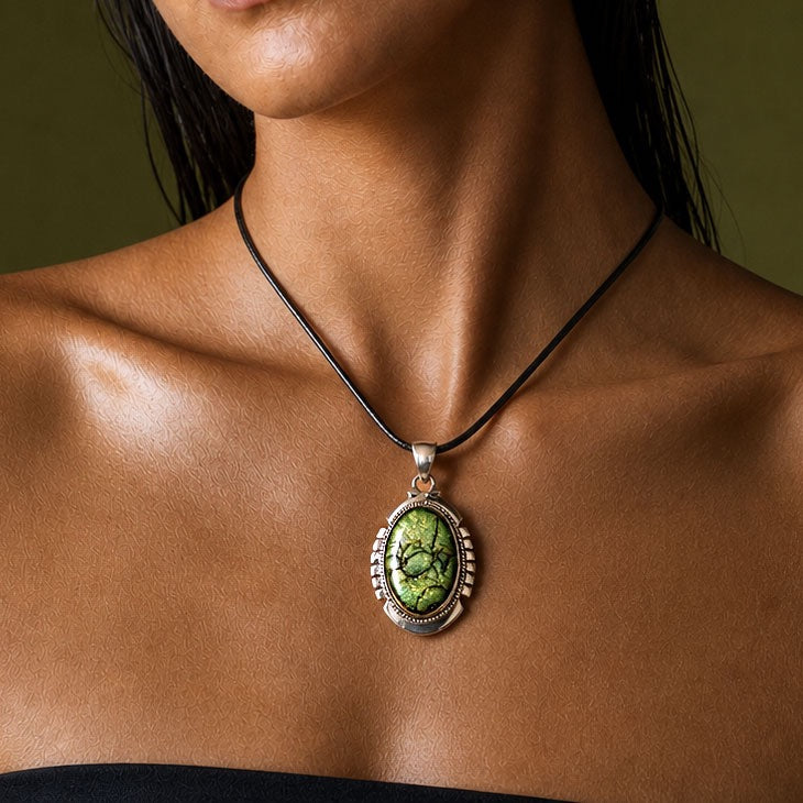 Apple-green Australian opal oval pendant with black matrix webbing in a stepped sterling silver bezel, worn on a short black leather cord at the collarbone.