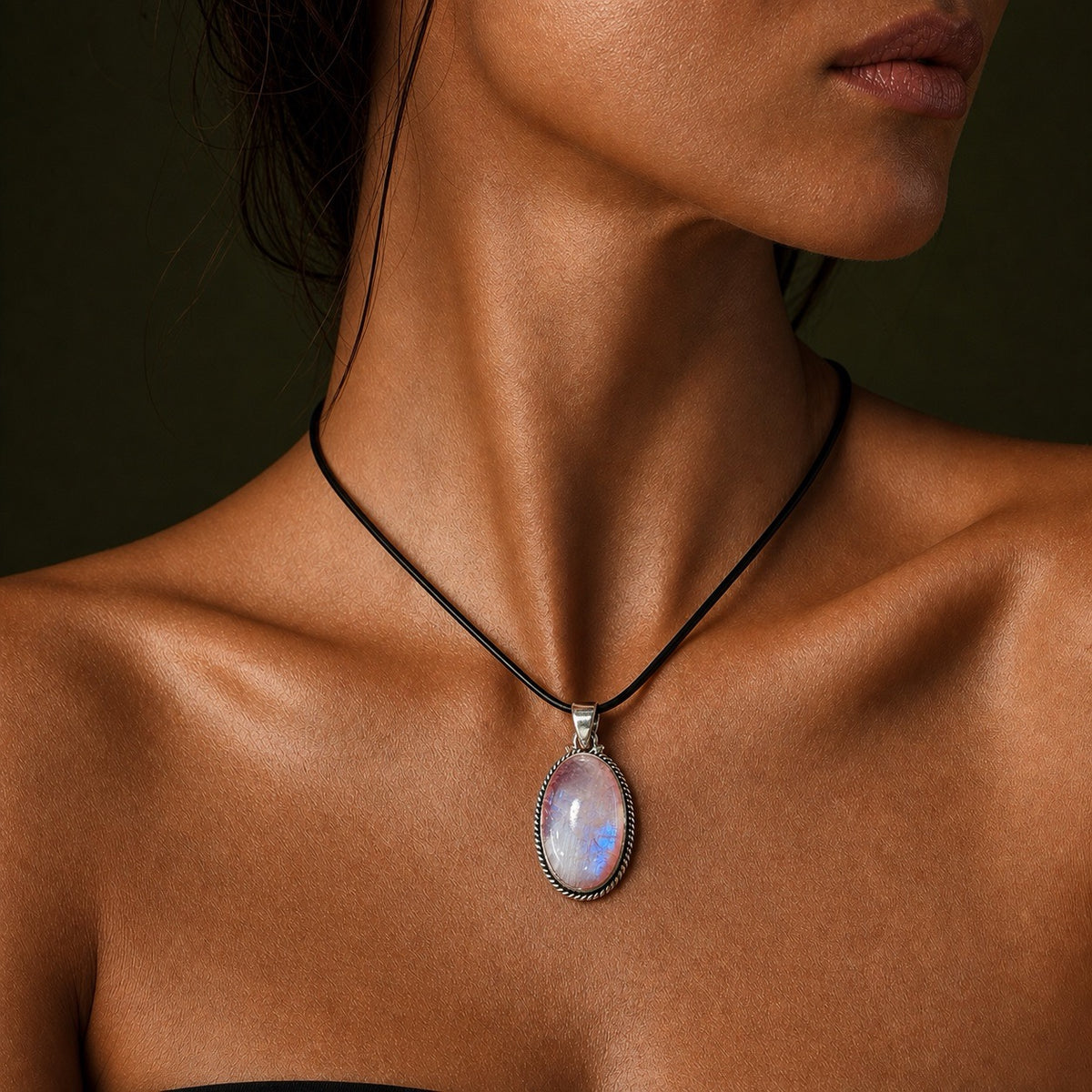 Pink moonstone pendant worn close on a black leather cord, resting at the collarbone