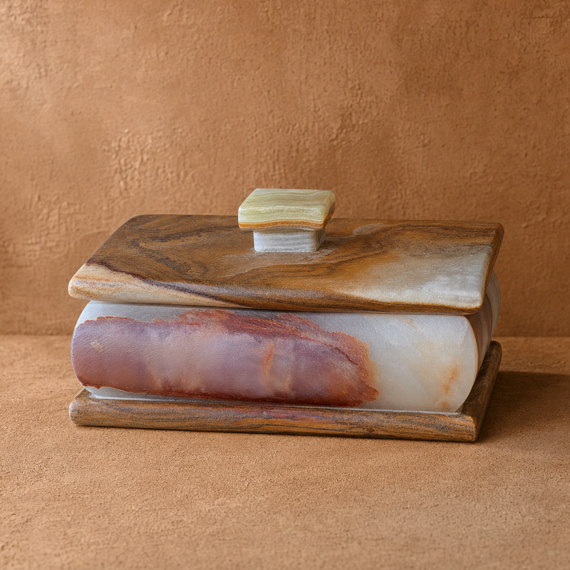 A rectangular stone box with a matching lid and small top knob, photographed on a warm brown textured surface against a matching brown backdrop. The box features layered natural stone in cream, reddish-brown, and pale green tones.
