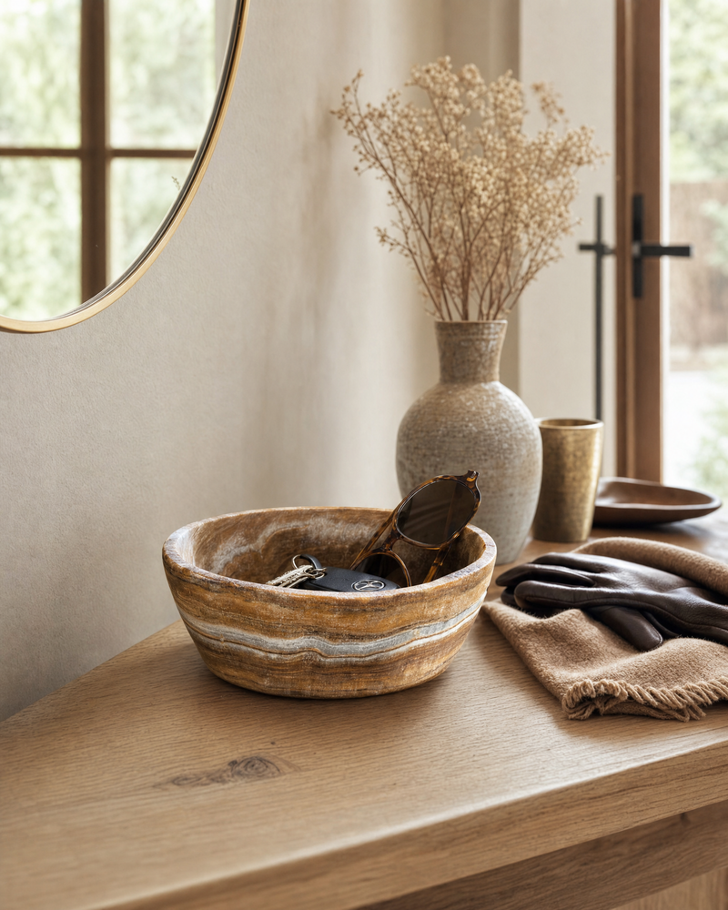 Earthy onyx bowl holding keys and sunglasses in sunlit entryway with brass mirror, ceramic vase, and dried branches — slow home decor.
