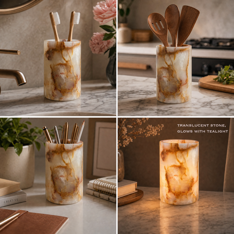 Translucent stone container with wooden utensils in a kitchen setting

Honey-gold veined natural onyx vessel holding wooden kitchen utensils beside a stovetop on white marble

Hand-carved onyx vessel with caramel seams holding gold pens and pencils on a desk with books and a potted plant
