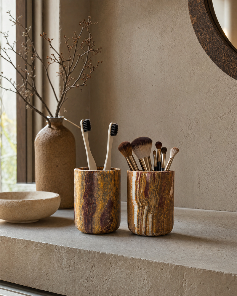 Natural onyx toothbrush and makeup brush holders in warm rust and amber tones — sustainable, plastic-free bathroom organizers.