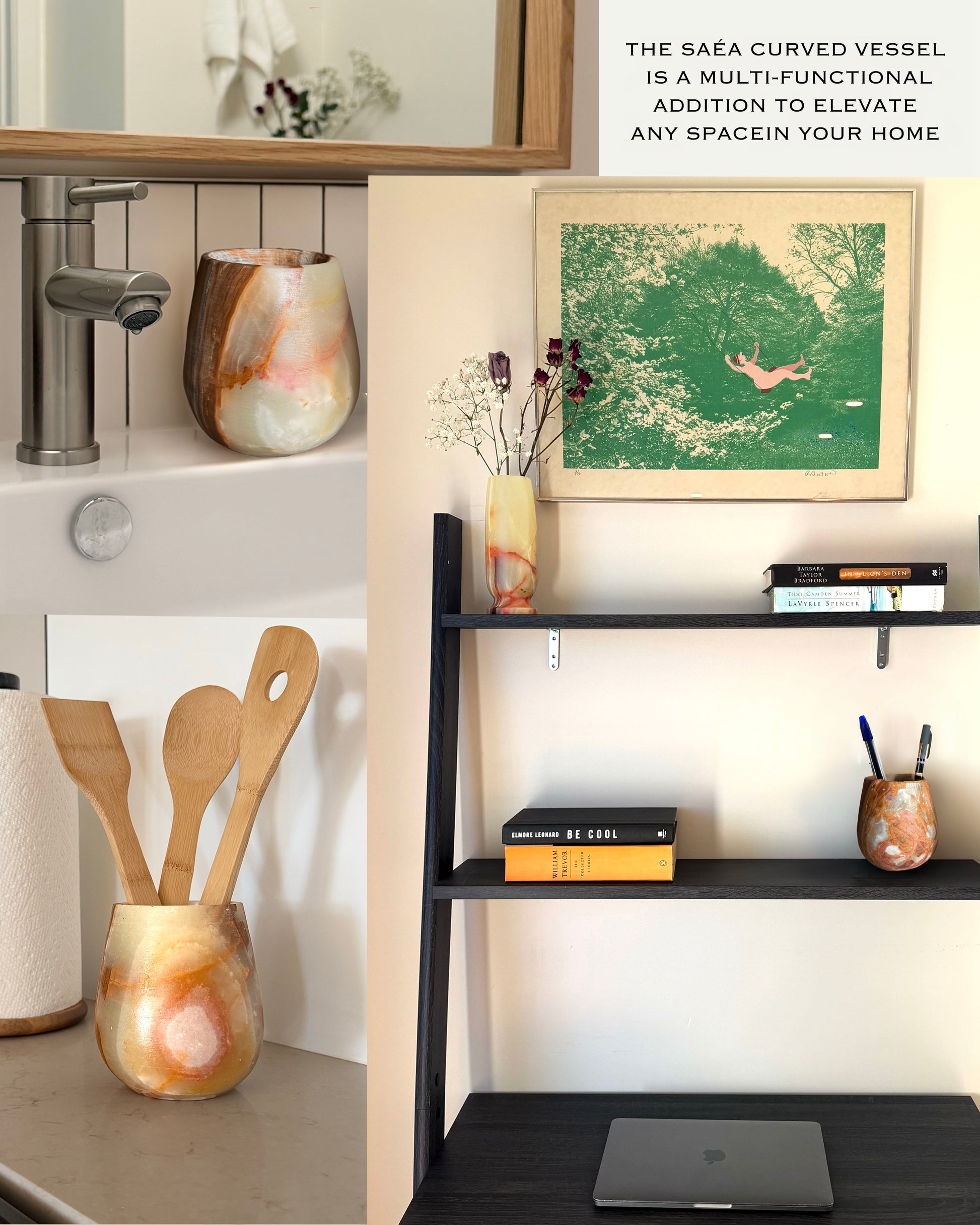 Home office setup with shelves, books, and decorative items, including the SAÉA Curved vessel in onyx 