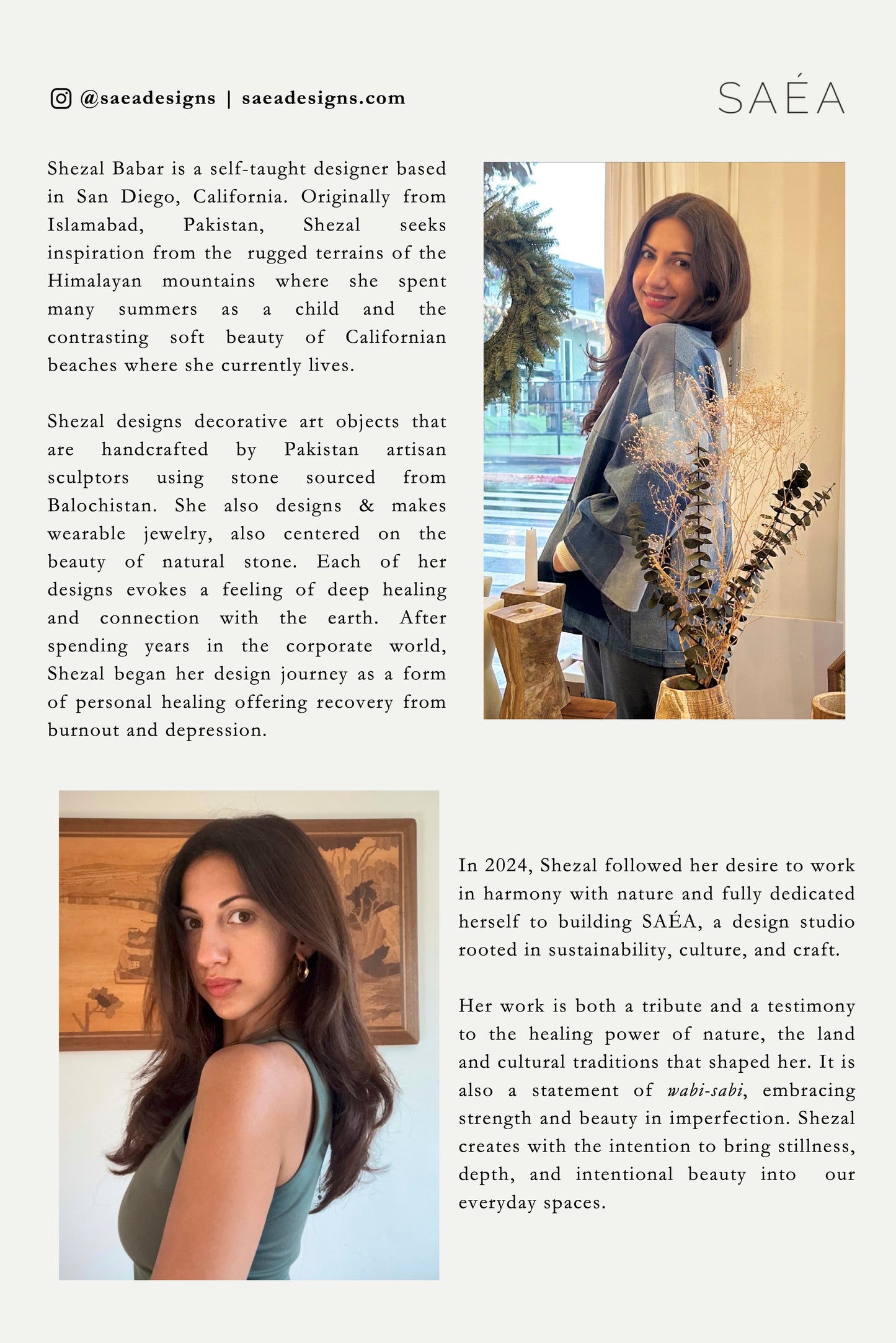 Woman in a stylish outfit with text about SAÉA designs and saéa brand. Shezal Babar