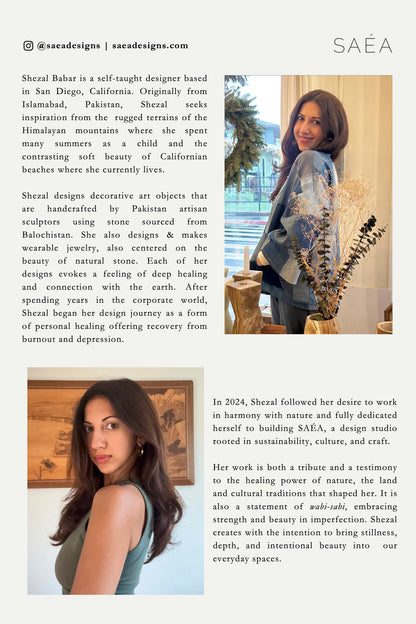 Woman in a stylish outfit with text about SAÉA design brand Shezal Babar