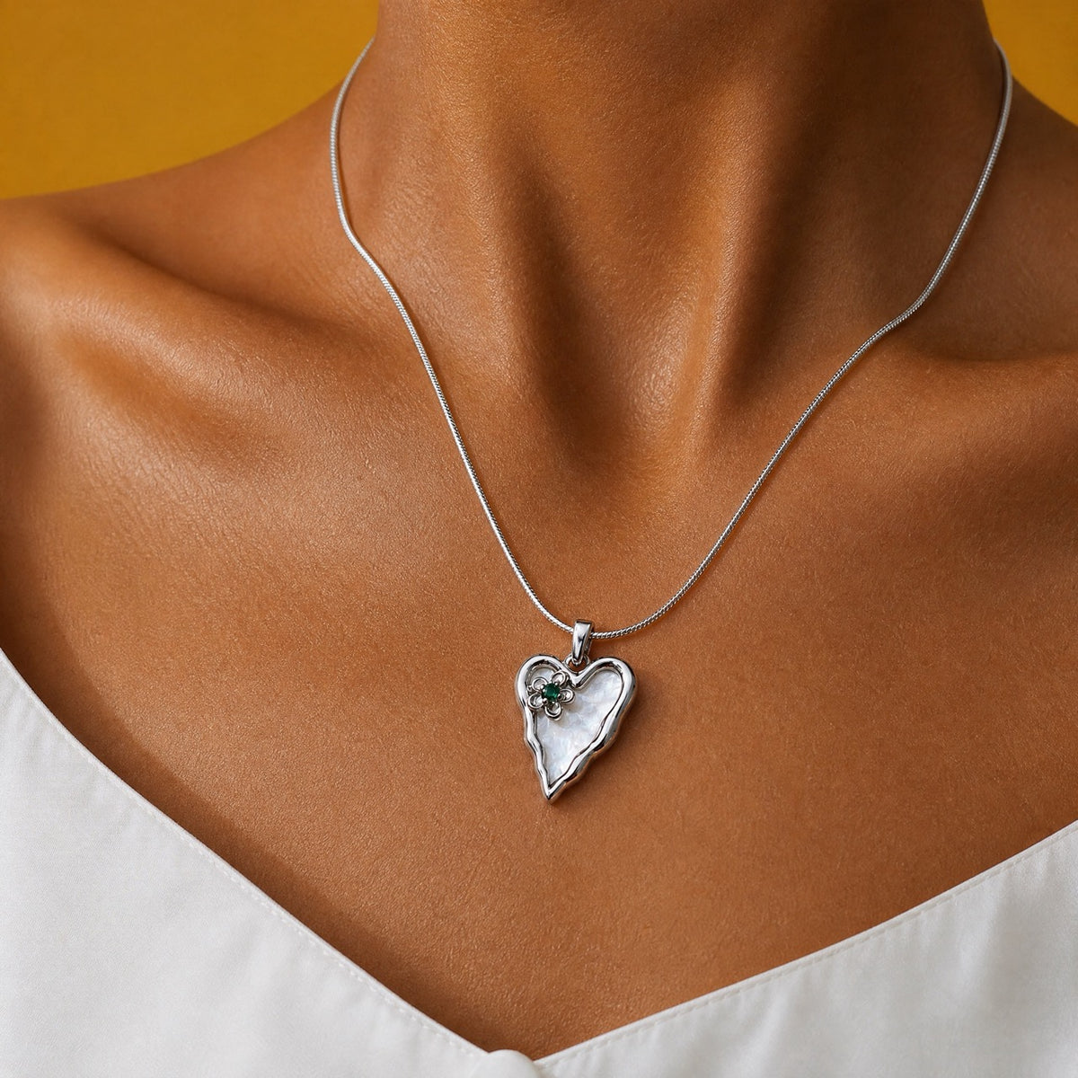 SAÉA Shell Pearl Heart Pendant on Silver Snake Chain