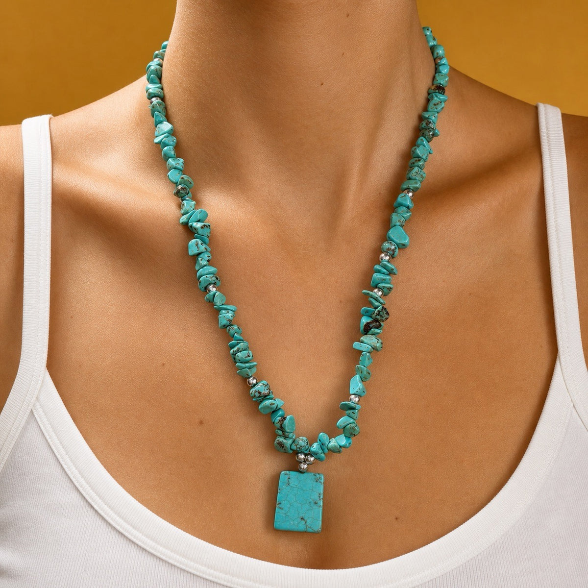 SAÉA Turquoise Chunky Beaded Necklace — 20" Blue Flash Stone
