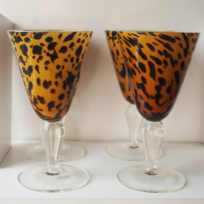 Vintage 1960s Murano-Style Leopard Print Glasses - Set of 4 - Hand-Blown Art Glass - Hollywood Regency