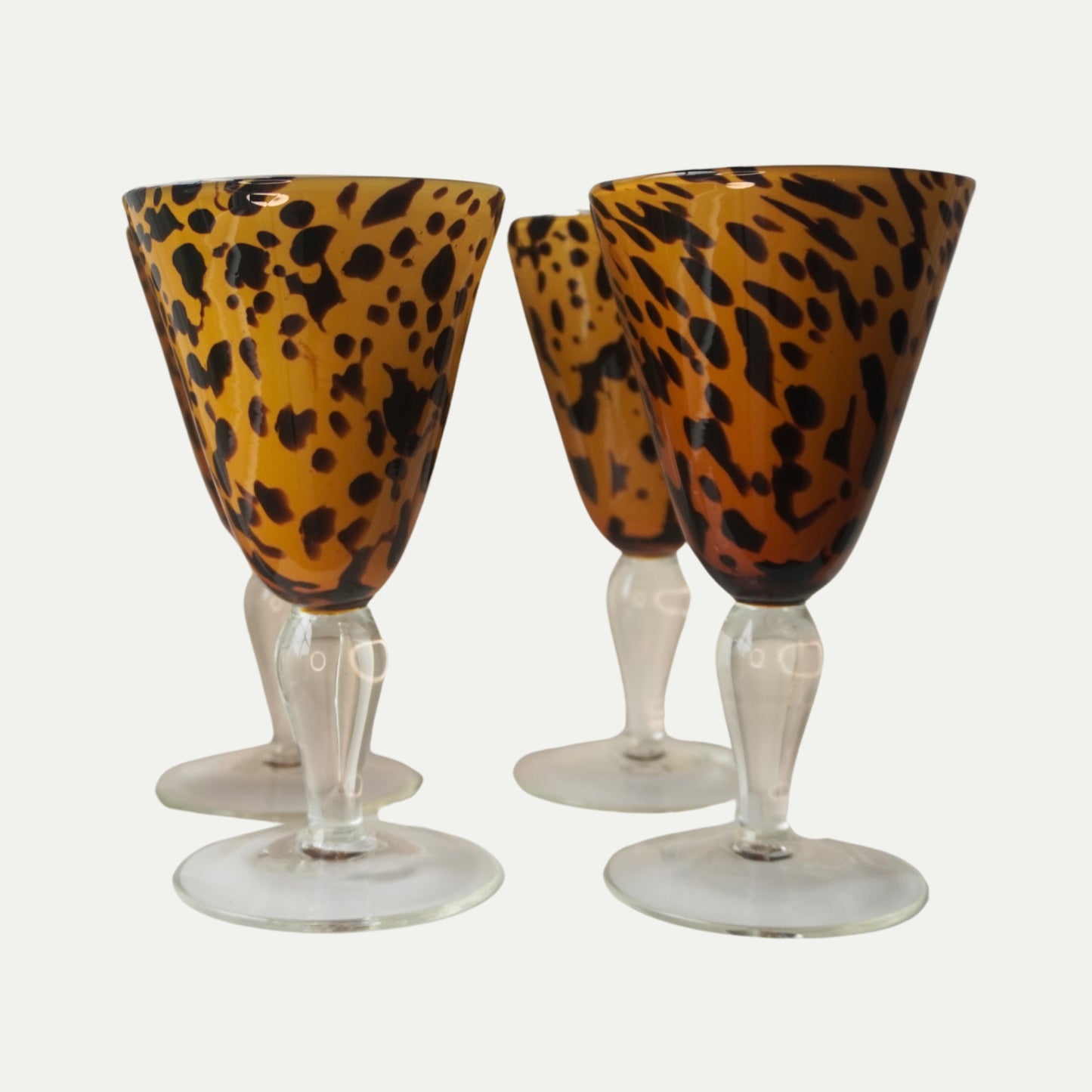 Vintage 1960s Murano-Style Leopard Print Glasses - Set of 4 - Hand-Blown Art Glass - Hollywood Regency
