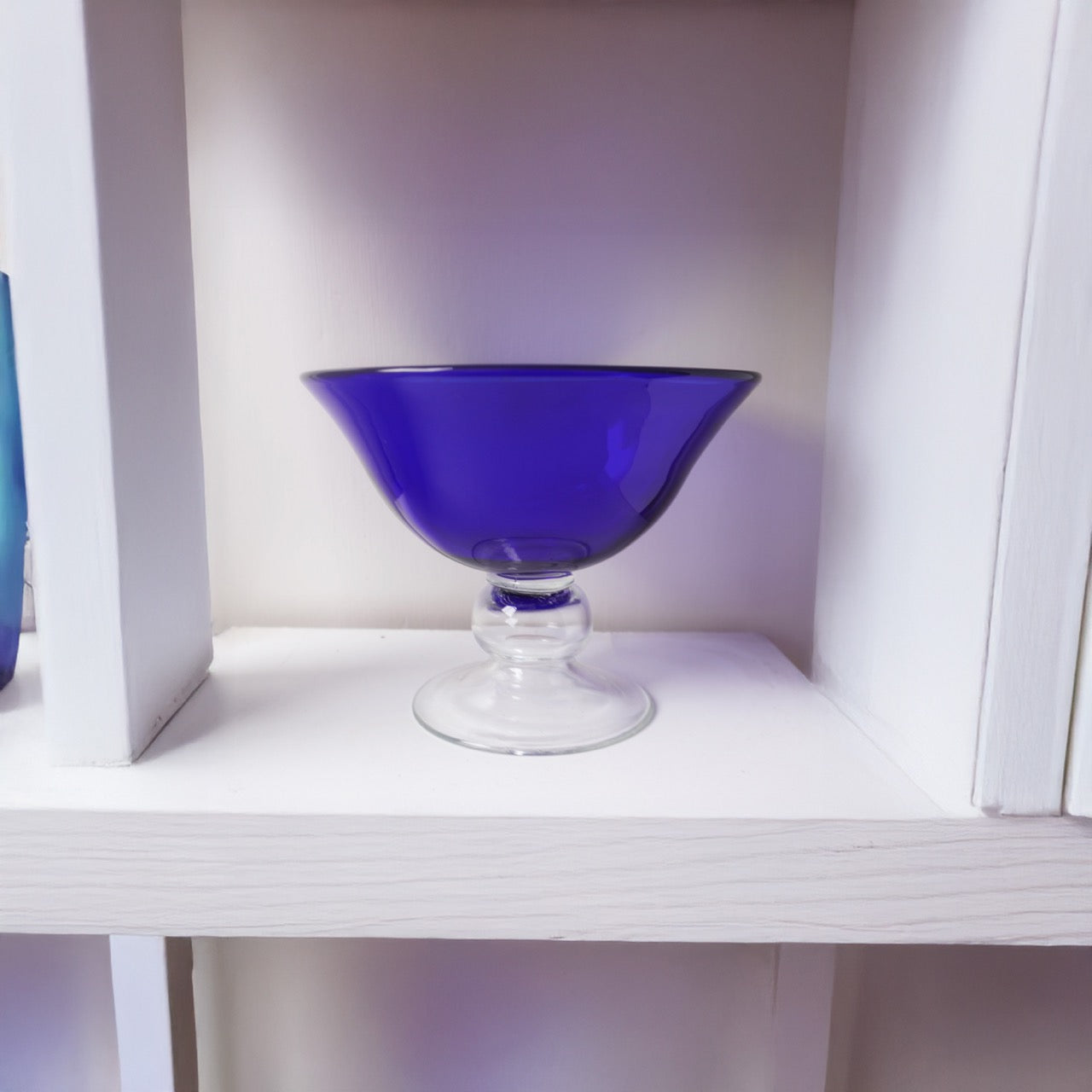 Vintage 1980s Cobalt Blue Glass Compote Bowl - Mid-Century - American Origin