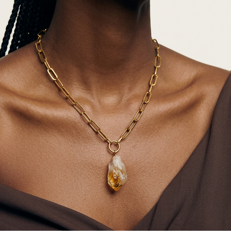 SAÉA Raw Citrine Paperclip Chain Necklace – 18” Gold Chain
