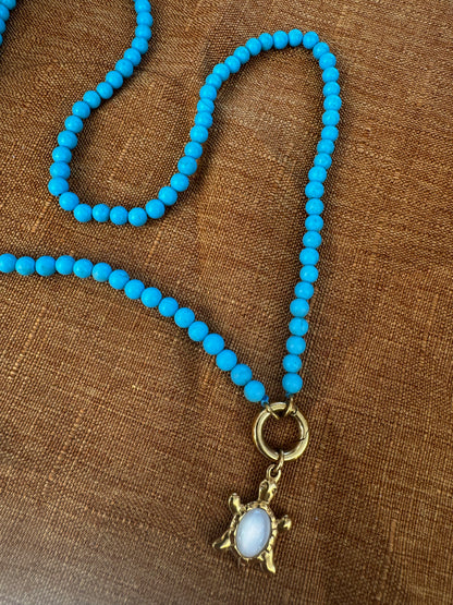 Mother of Pearl Turtle Pendant Necklace in a Turquoise or Picture Jasper Beaded Chain
