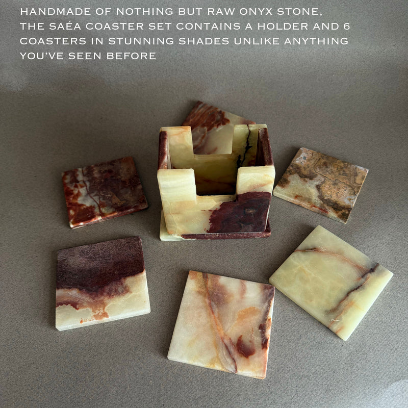 Natural onyx coaster set with holder, handmade stone drink coasters in cream, honey, and rust colorway, set of 6 with stand
