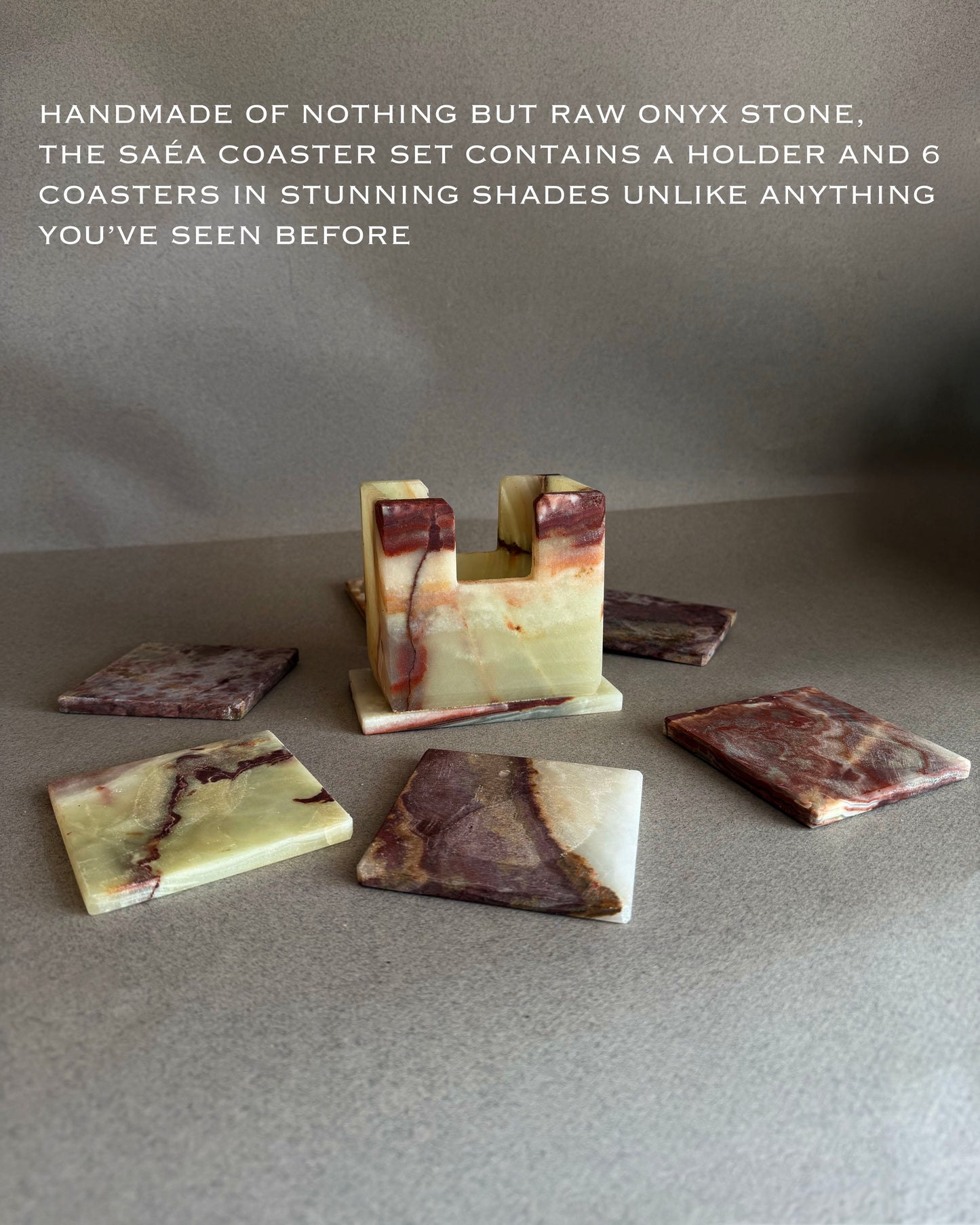 Soft jade, sand & warm clay | SAÉA Square Onyx Coaster Set