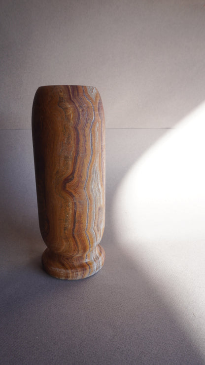 Handmade brown onyx vase styled with dried florals, unique stone home accent

