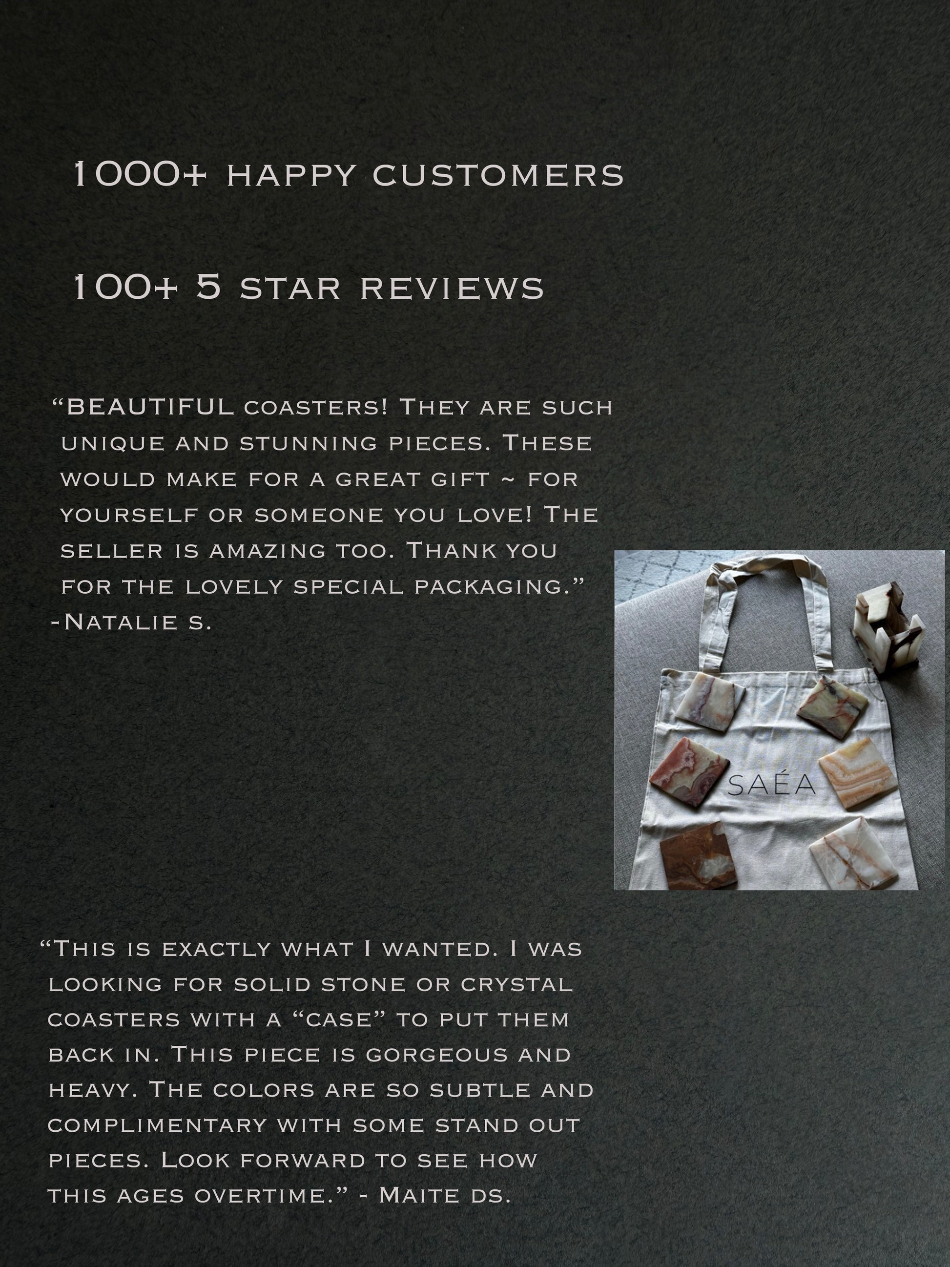 Promotional text about happy customers and 5-star reviews for stone coasters with a photo of a bag labeled 'saéa'.