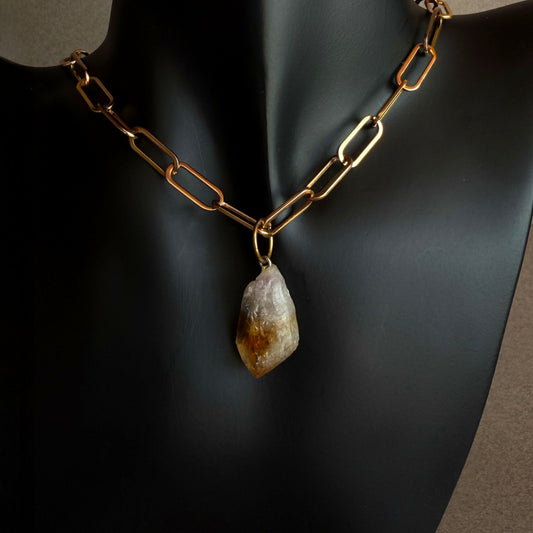 Hand-assembled raw citrine necklace with gold paperclip chain, hypoallergenic nickel-free jewelry
