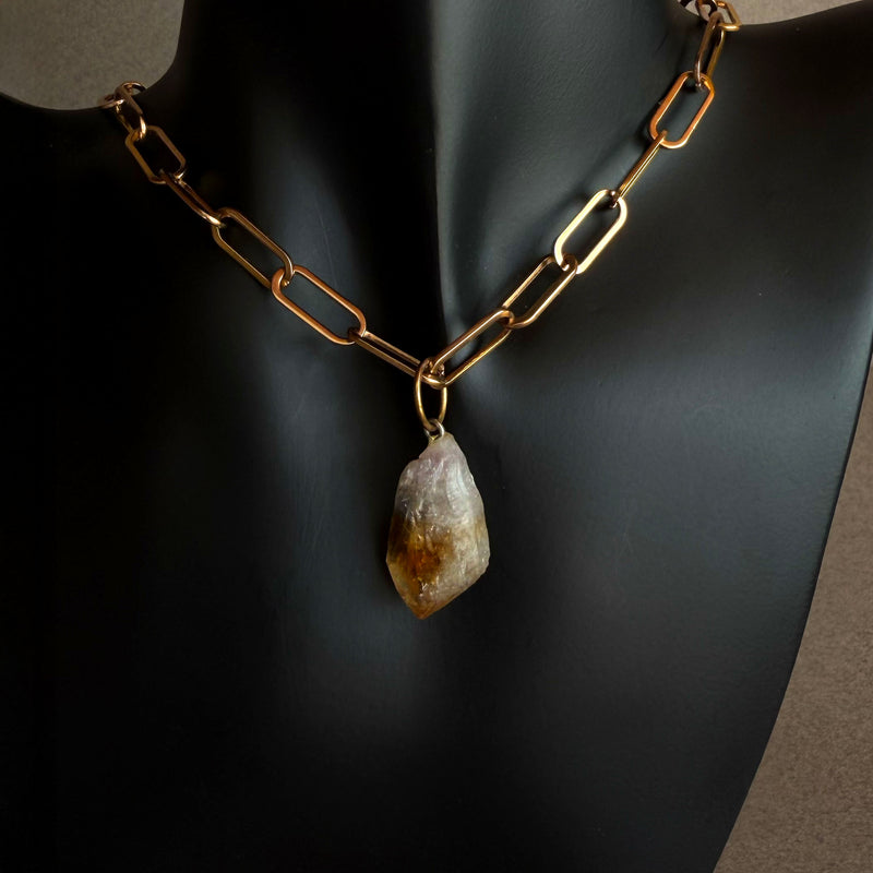 Hand-assembled raw citrine necklace with gold paperclip chain, hypoallergenic nickel-free jewelry
