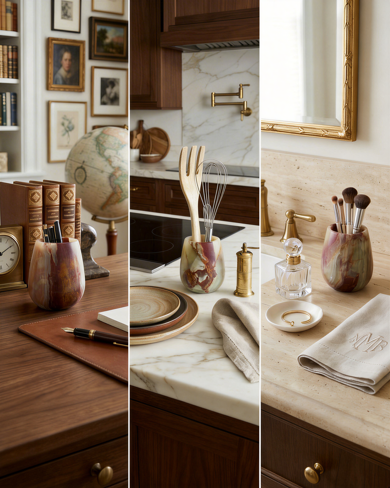Collage of four images showing decorative onyx vessels in different settings.