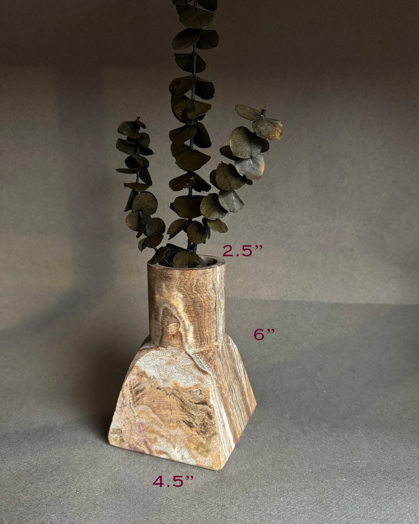 Decorative stone vase with a plant on a gray background