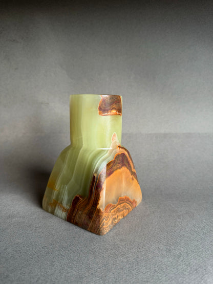 Handmade olive green onyx vase styled with fresh or dried greenery, minimalist stone home decor
