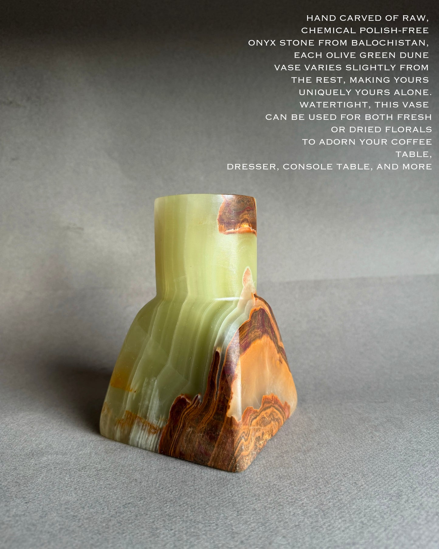 Close up of raw onyx vase highlighting organic veining, mineral layers, and natural stone texture
