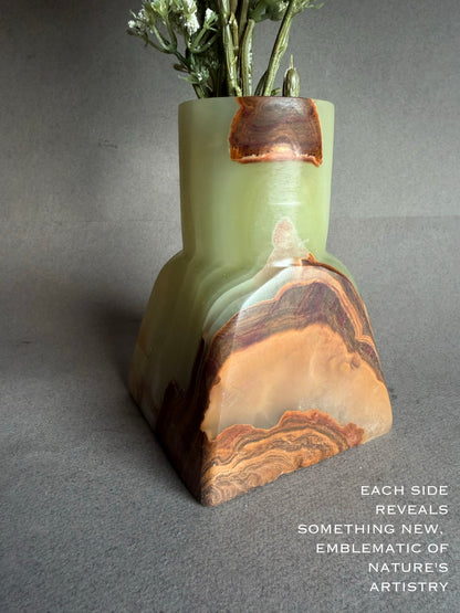Sculptural onyx dune vase featuring flowing green stone and earthy brown banding, handmade stone vase
