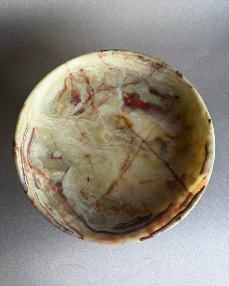 Hand carved green onyx pedestal bowl with sage and olive stone veining
