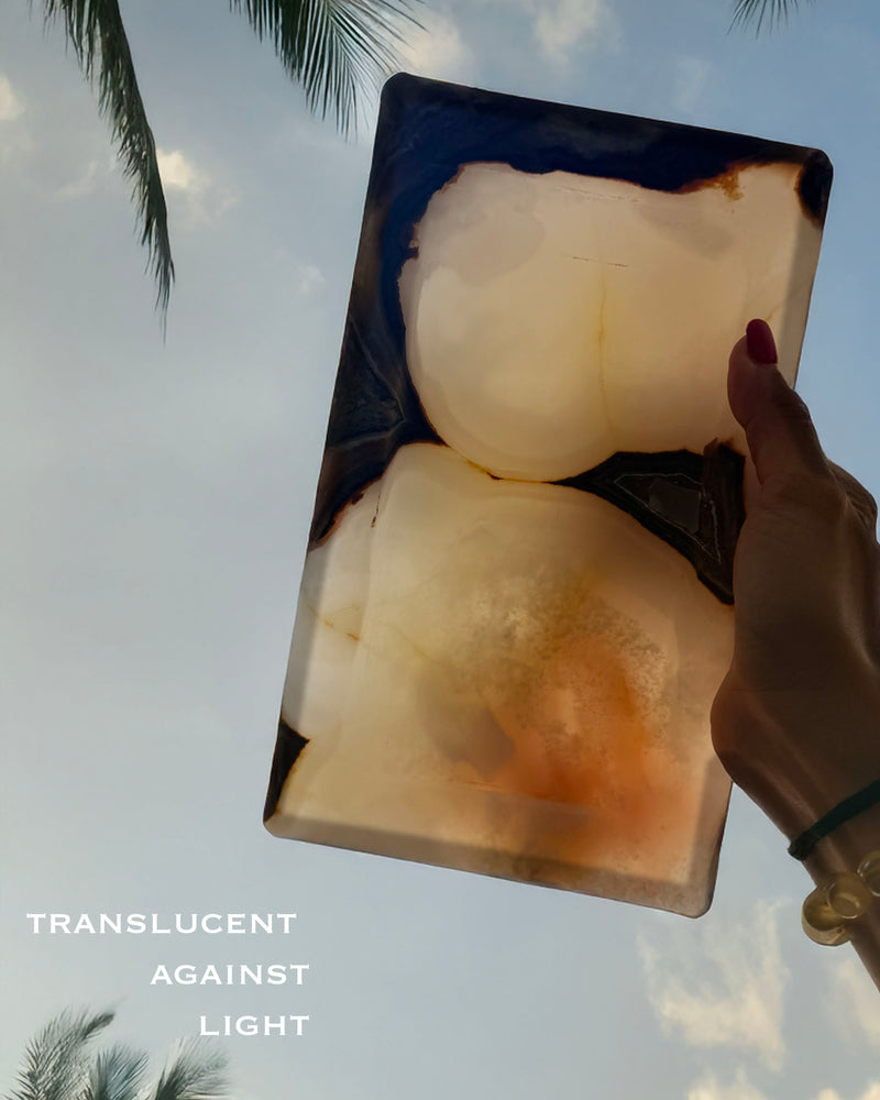 Rectangular ivory onyx stone tray with warm caramel veining and natural banding, handmade stone catchall tray for dresser or bathroom counter

