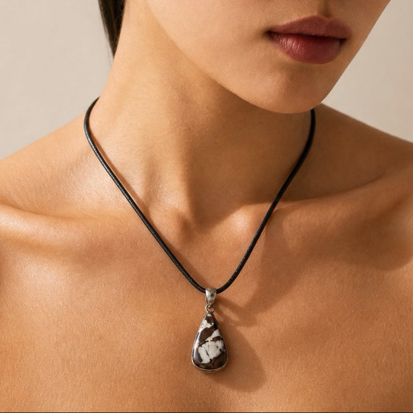Close-up of a woman wearing a black cord necklace with a teardrop-shaped black and white stone pendant, paired with a matching black cord earring with gold and clear stones.