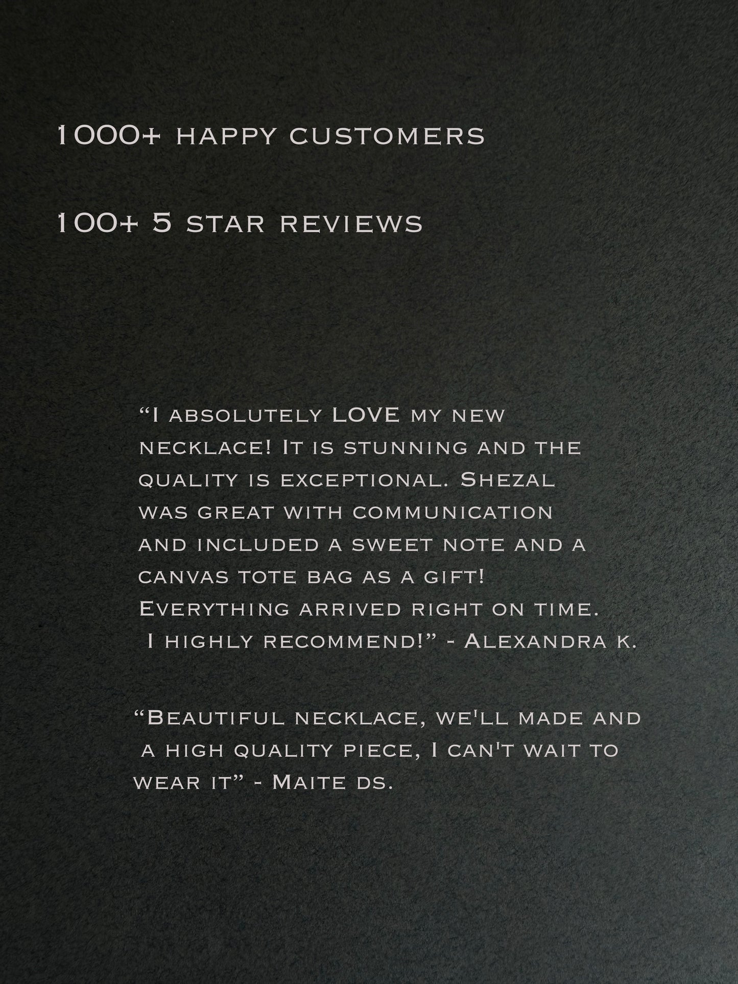 Text on a black background with customer reviews and praises for a necklace. Gold filled snake chain necklace with triangular carnelian stone pendant
