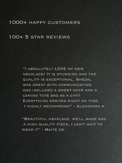 Text on a black background with customer reviews and praises for a necklace. Gold filled snake chain necklace with triangular carnelian stone pendant
