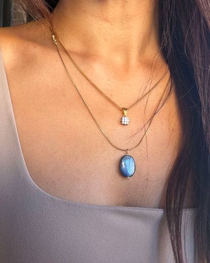 Gold 14k filled chain shown in 18 inch and 20 inch length options with blue kyanite pendant for size comparison.
