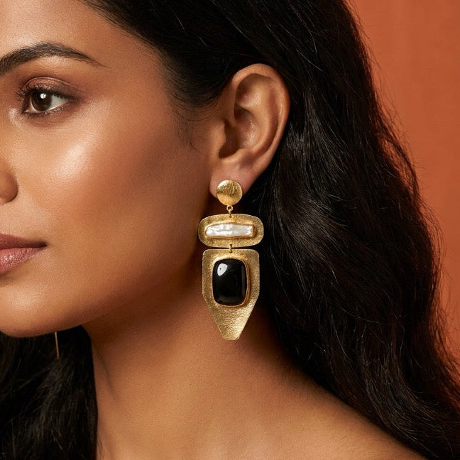 Labradorite and freshwater pearl statement drop earrings in 22k gold plate, worn