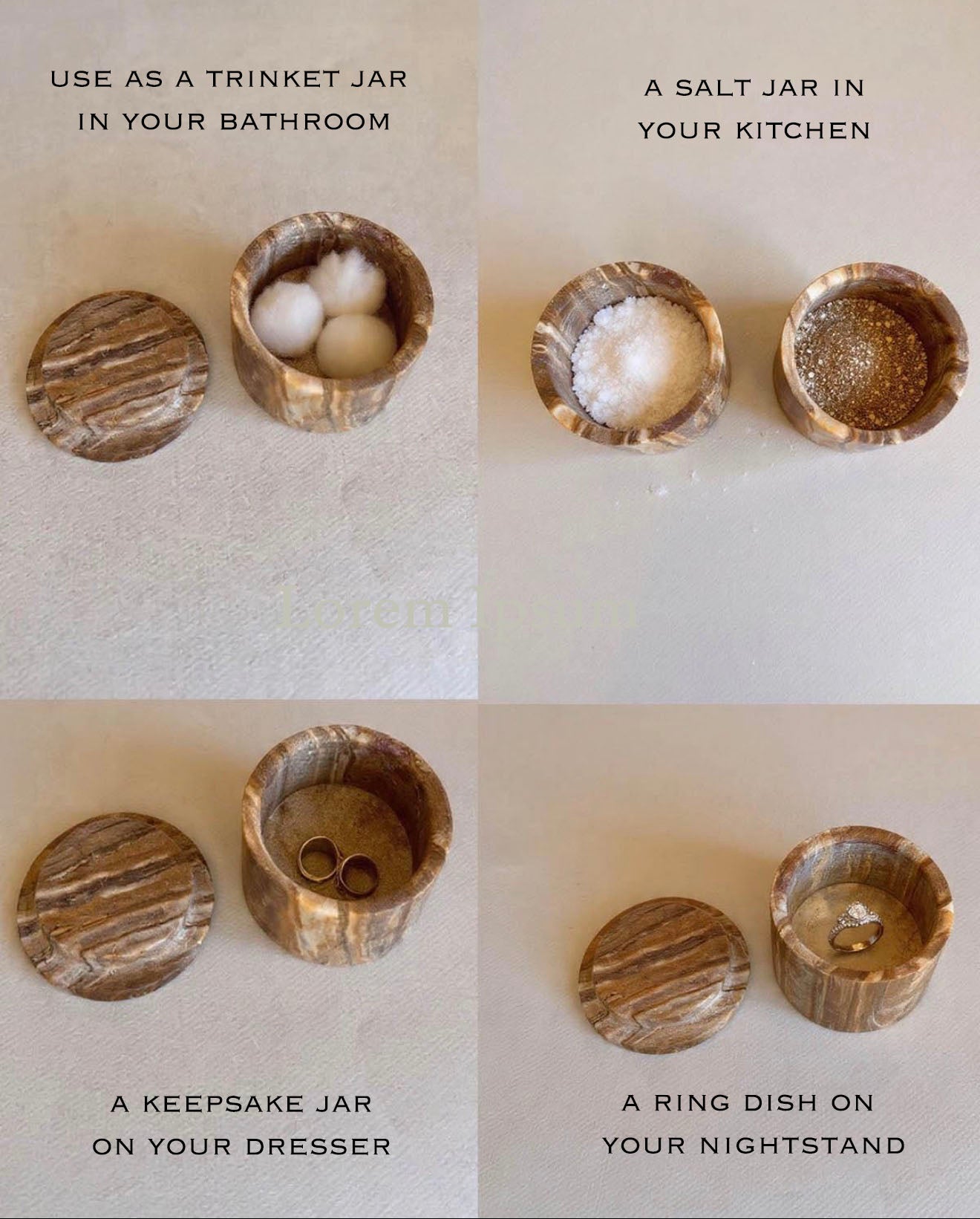 onyx stone containers used for various purposes including a trinket jar, salt jar, keepsake jar, and ring dish.