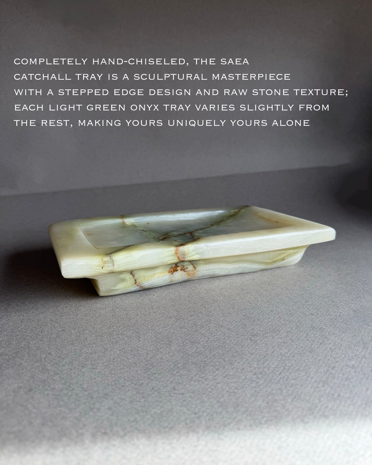 Light green onyx tray with text describing its hand-chiseled design and unique texture.
